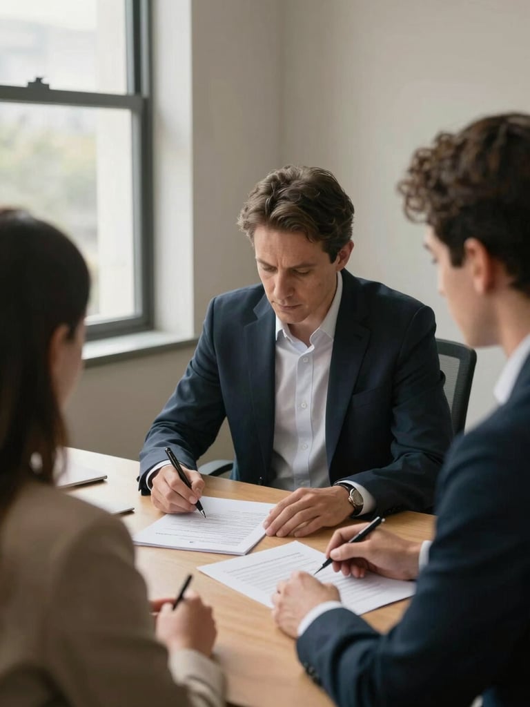 Wide-angle view from behind an advisor seated across a desk from a client, both leaning over printed policy documents, north-facing office daylight through a window to the left, neutral warm walls, a pen mid-motion on the page