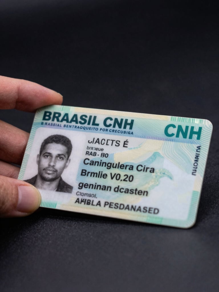 Extreme close-up of a Brazilian CNH driver's license card held flat on a dark matte surface, studio lighting from above, sharp detail on the card's printed text and photo field, deep black background with minimal ambient glow