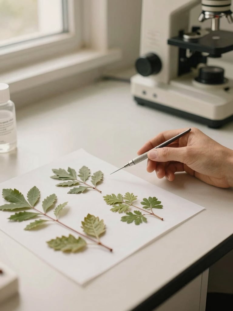 A clean laboratory-style diagnostic tool beside fresh botanical specimens on a warm cream counter, soft natural light, warm editorial clinical photography, 35mm.