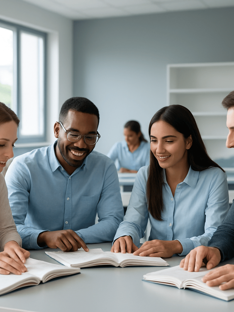 A bright modern classroom interior at Institut Smart Zone in Belgrade, adult students of diverse backgrounds collaborating over books, soft natural light from large windows, professional editorial atmosphere