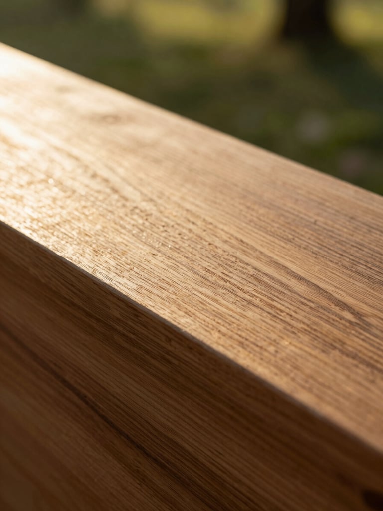 Close-up of premium raw honey-oak timber, clean fine grain texture, soft golden-hour lighting, warm organic feel