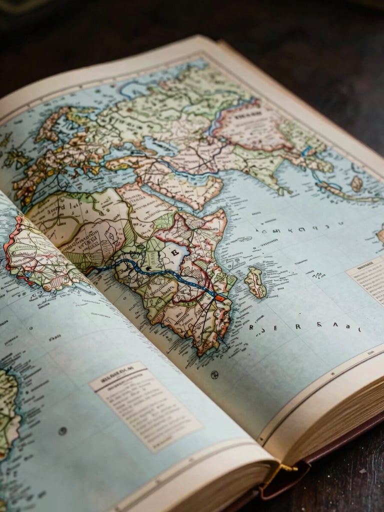 Extreme close-up of a vintage geopolitical atlas spread open, cool overhead studio lighting revealing hand-inked borders and territorial annotations, cartographic grid lines and faded legend text visible in the lower third, deep shadows framing the pages, no people