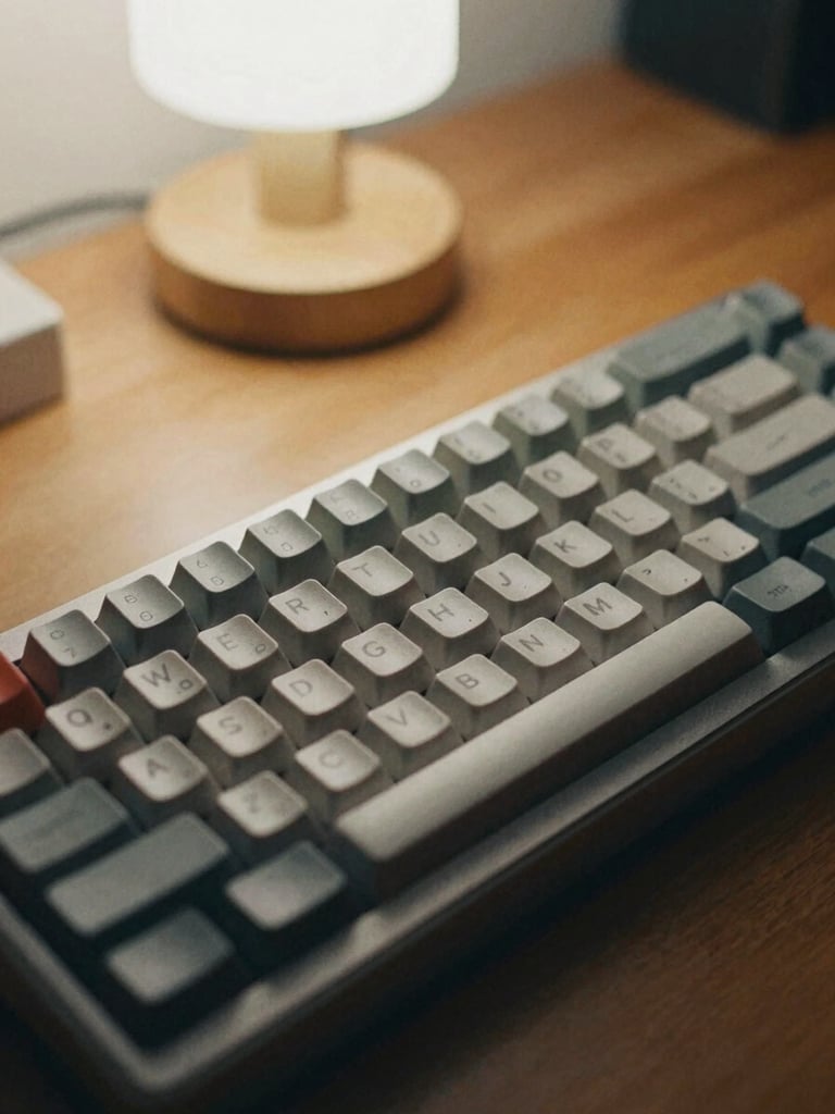 A close-up of a vintage mechanical keyboard on a wooden desk, soft warm desk-lamp light, muted desaturated tones, 35mm film grain.