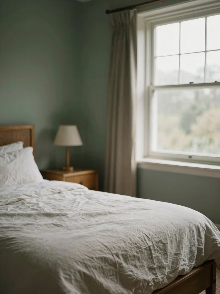 A comfortable private residential room with soft linen bedding, warm wooden furniture, and a window letting in soft overcast daylight, shallow depth of field
