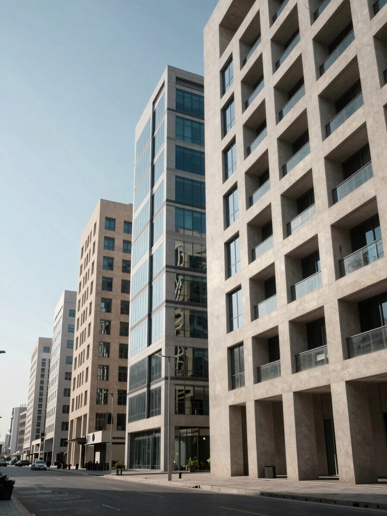 Wide environmental shot looking up along a Dubai commercial district street, mid-morning north-facing daylight, a row of contemporary mixed-use building façades filling the right two-thirds of the frame, clean geometric concrete and glass surfaces, pedestrian pavement in the lower foreground, open sky in the upper left quadrant — no people posing, no signage in focus