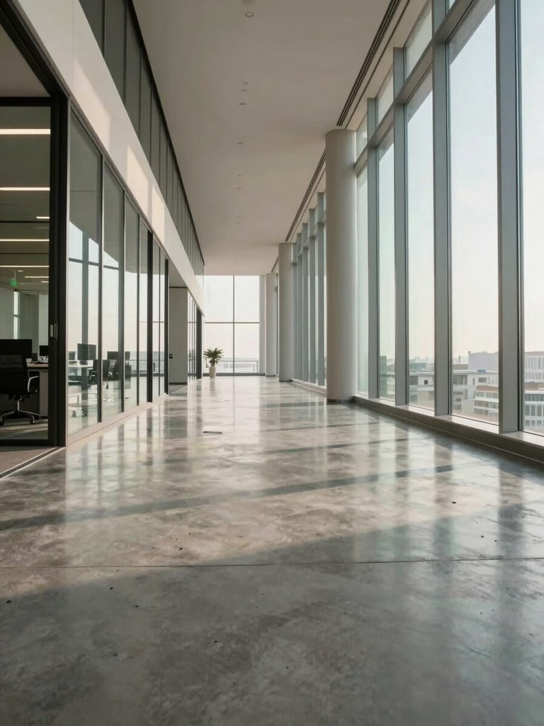 Interior corridor of a UAE office building shot from a low angle in natural north-facing window light, polished concrete floor reflecting ambient light, glass-partitioned offices visible in the background, no people, wide environmental framing