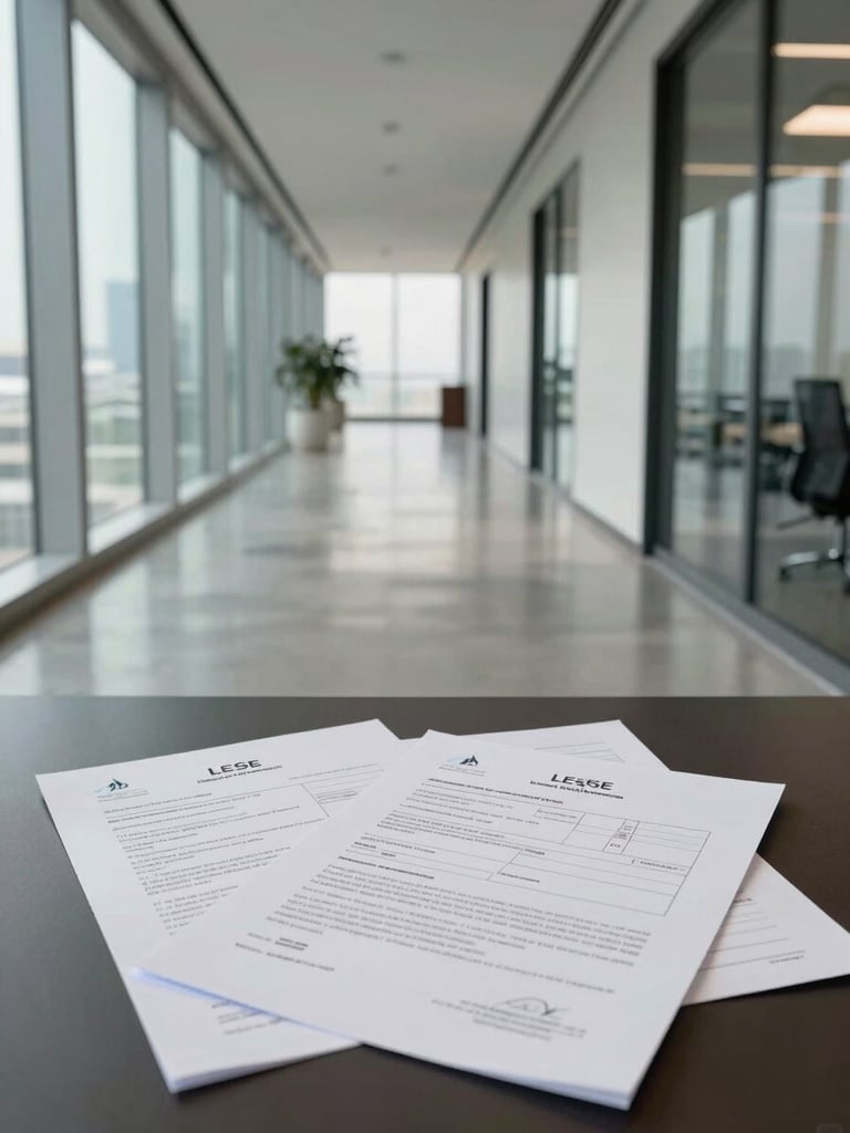Interior of a UAE commercial office corridor in north-facing window light, polished concrete floor, glass partition walls reflecting daylight, a set of lease documents and floor-plan sheets spread on a side table in the foreground, no people posed