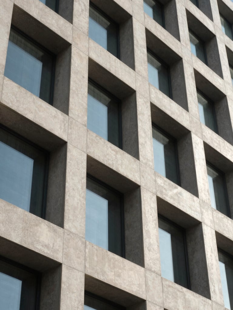Close architectural detail of a UAE commercial building facade, concrete and glass panel joints visible in natural daylight, shot from street level looking up at a slight angle, no people, north-facing light, sharp texture detail