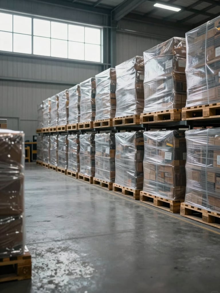Wide-angle view inside a modern distribution warehouse, rows of organized pallets under cool daylight filtering through high fenestration windows, clean concrete floor, muted steel-gray tones, no people