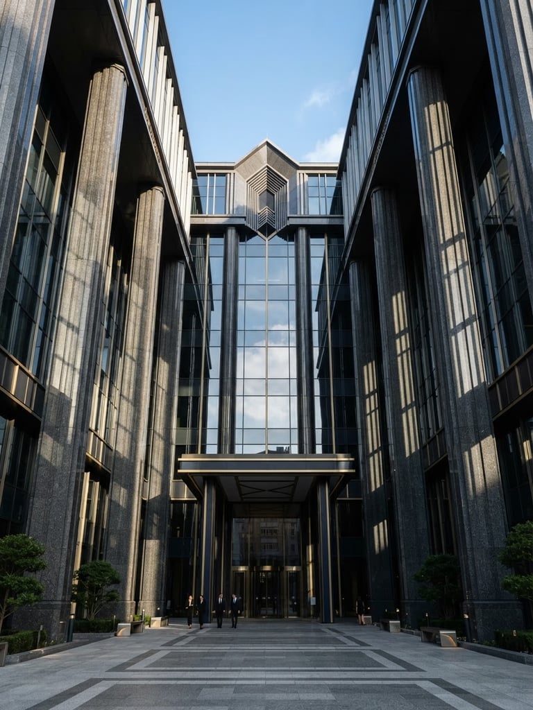 Symmetrical low-angle architectural perspective of a modern corporate headquarters facade, sharp morning window light casting dramatic linear shadows across granite columns, 35mm lens.