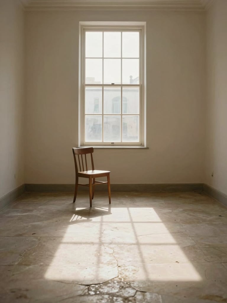 Wide environmental shot of a spare, sunlit room — a single wooden chair near a tall window, afternoon light casting a long rectangle on a pale stone floor, no person present, quietness as the subject, warm editorial tone