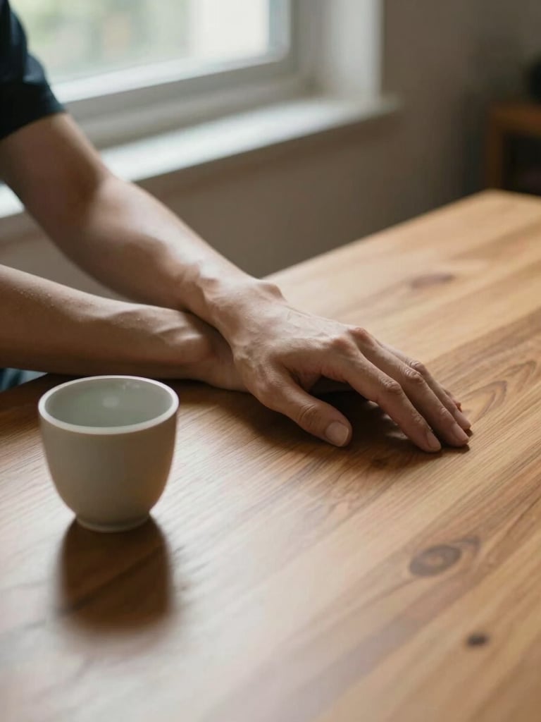 Close-up of a physiotherapist's hands resting on a wooden table beside a single ceramic cup, north-facing window light casting a long soft shadow across the grain, intimate framing with generous negative space to the right