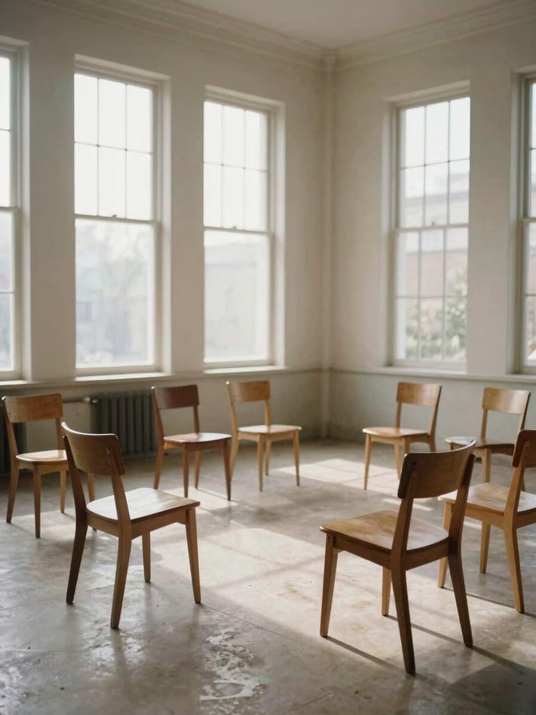 Wide environmental shot of a sparsely furnished room with natural light streaming through tall windows, empty wooden chairs arranged in a loose circle on a pale stone floor, no people, quiet and contemplative atmosphere, late morning daylight