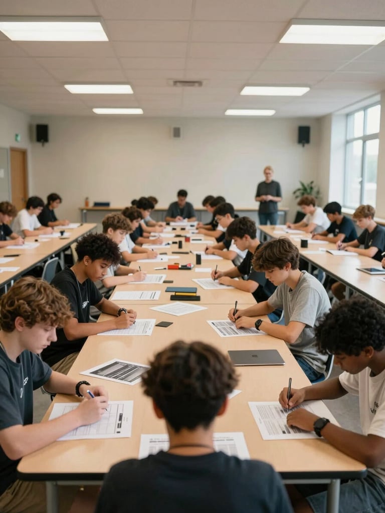 Panoramic frame of a youth workshop in a gymnasium, participants at long tables working on printed materials, facilitators visible at the far end, overhead fluorescent and natural window light mixing, the room full of engaged activity