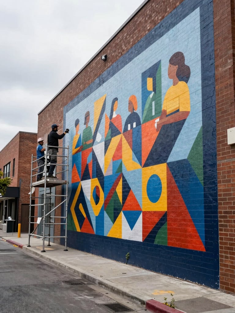 Wide environmental shot of a mural installation in progress on a brick wall in an urban corridor, two workers visible on scaffolding in the left third, the painted surface showing geometric community imagery, overcast daylight, street-level context visible below