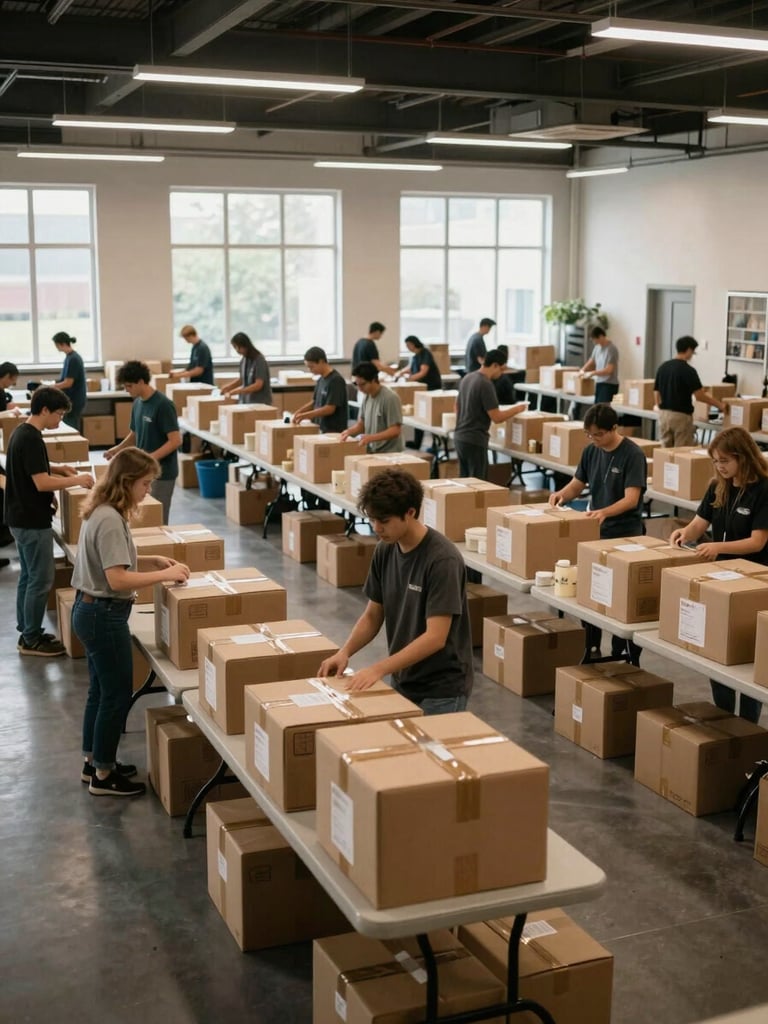 Wide shot inside a community distribution space, rows of packed boxes on folding tables, volunteers in motion across the frame, natural light from high windows, the space full and active, no posed moments