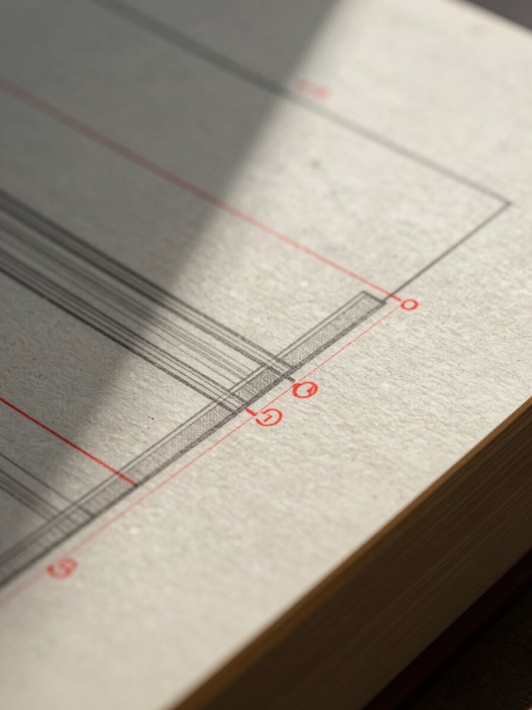 Macro close-up of physical book proofs with red editorial markups, cool diffused daylight casting sharp shadows on heavy textured cream paper, architectural layout lines.