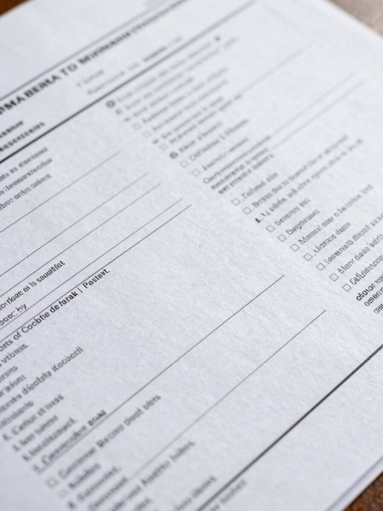 A close-up shot of neatly arranged physical tax documents with a signature line, shot in clean daylight with sharp focus.