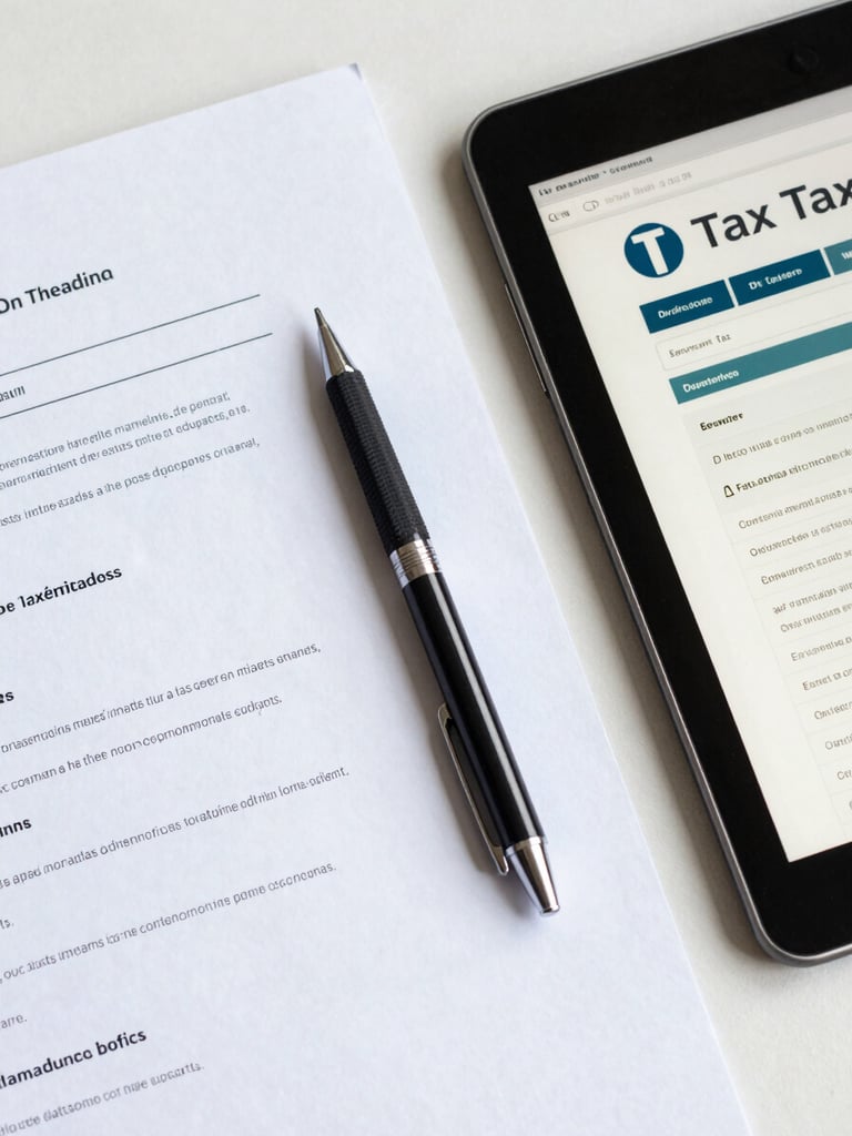 Overhead flat-lay of clean corporate documents, a sleek mechanical pencil, and a tablet displaying a tax portal, bright neutral daylight.