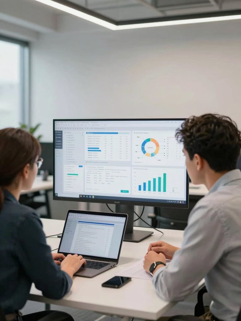 Wide shot of a contemporary office collaboration scene, two people at a large monitor reviewing data on screen, clean bright studio lighting, open laptop on the desk, minimal decor, business-focused atmosphere