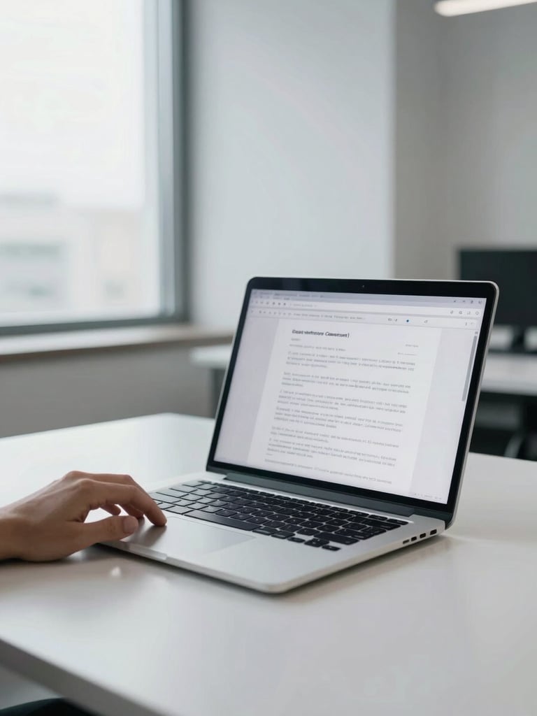 Wide shot of a minimalist modern office desk, open laptop displaying a contract document on screen, clean white surface, a hand resting near the keyboard mid-review, bright even daylight from a large window to the left, cool-toned corporate atmosphere, shallow depth of field on the screen