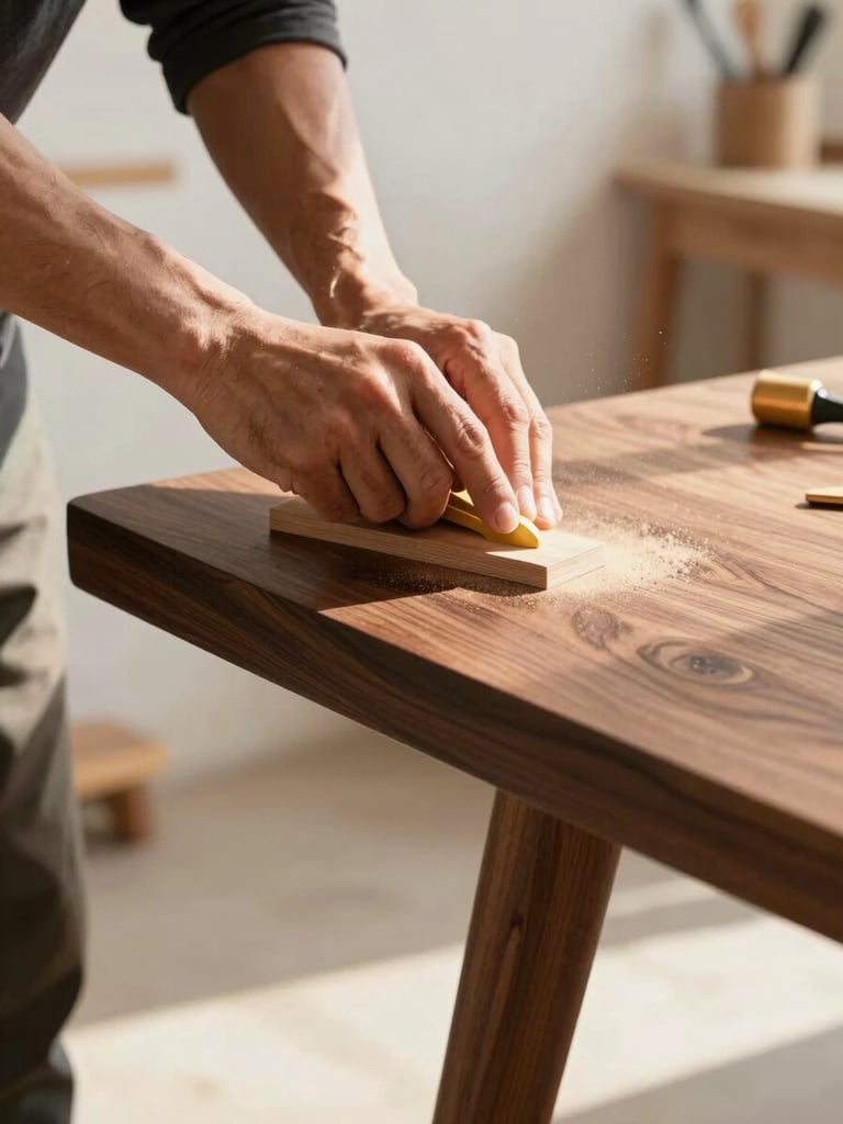 Close-up of a master carpenter hand-sanding a rich walnut table edge in a bright, modern workshop, fine wood dust catching the warm sunlight, high-end tools in the background