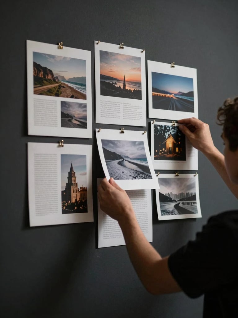 Cinematic documentary photography of physical moodboards pinned to a dark studio wall, deep shadows, sharp directional light, hands adjusting a print, portrait crop.