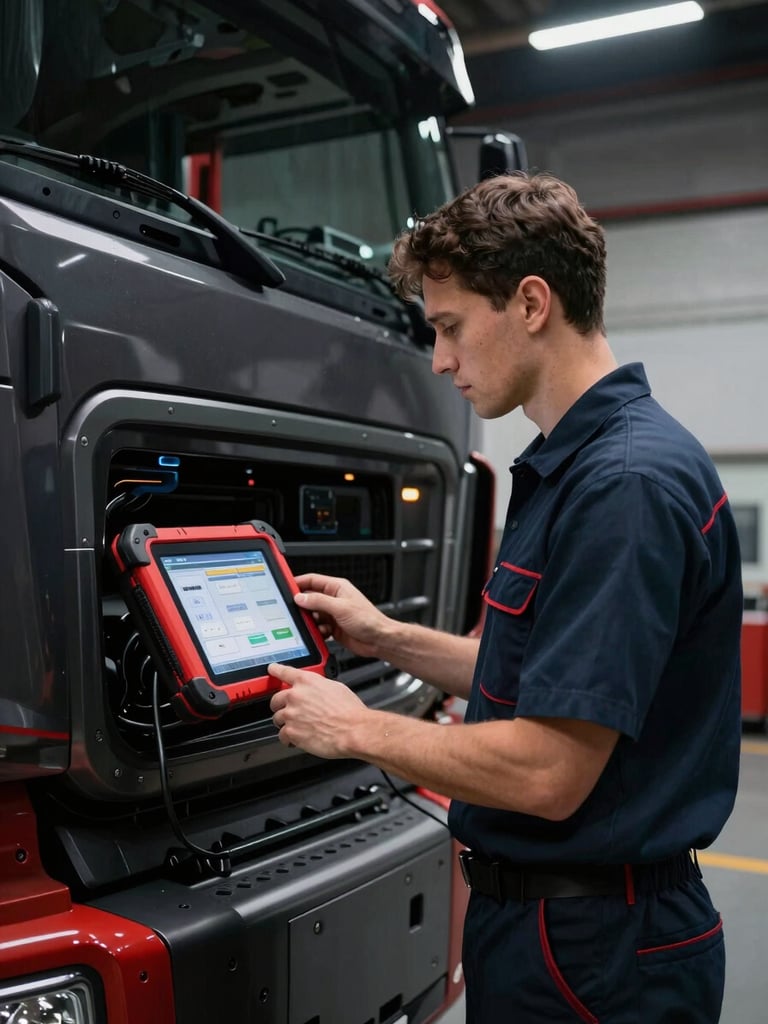 A clean-cut professional diesel technician in a clean uniform using an advanced rugged diagnostic tablet connected to the dashboard of a modern semi-truck cab, high-contrast dramatic workshop lighting.