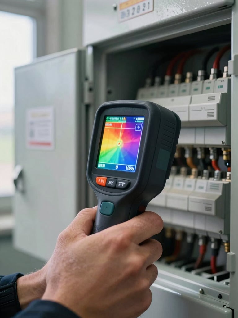 Extreme close-up of a thermographer's hands holding a handheld thermal imager against an open electrical panel, the imager screen showing live infrared temperature data with thermal gradient colour mapping, lit by direct daylight entering from the left, industrial cabinet visible in background — process-stage photography, no faces, tight framing on the instrument and the panel terminals