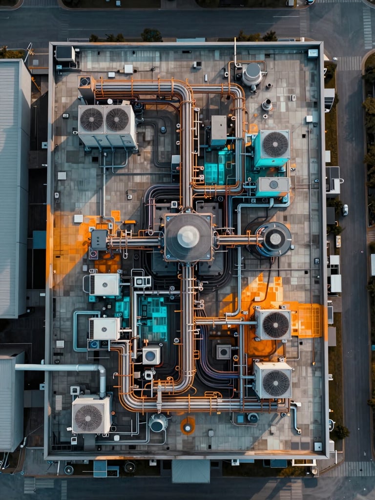 Wide environmental shot from drone altitude looking straight down at an industrial plant rooftop, thermal overlay showing heat signatures from HVAC units and conduit runs in false-colour amber and cyan against dark cool background, captured in clear midday conditions showing actual thermal contrast across the full roof surface, no people, no text