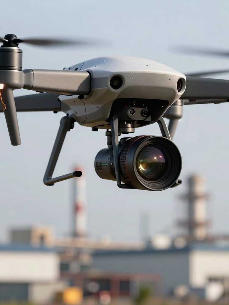 Extreme close-up of a thermal drone in flight above an industrial yard, camera gimbal and thermal sensor housing visible in sharp detail, direct daylight catching the lens housing, industrial facility infrastructure blurred in the background below