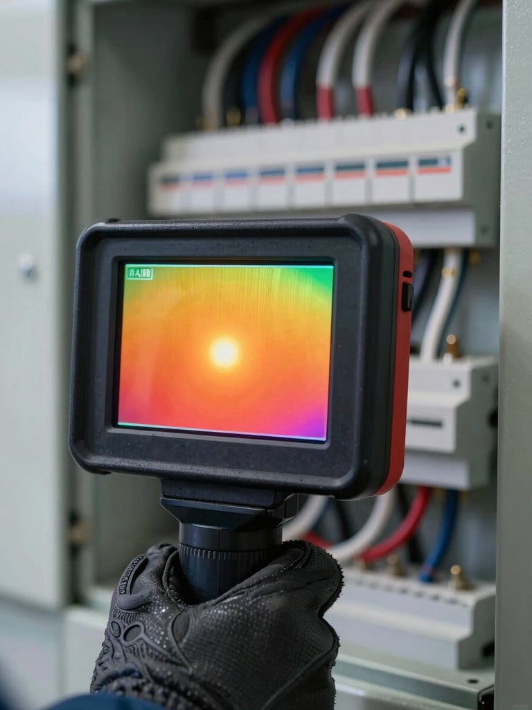 Extreme close-up of a thermal imager display screen held against an open low-voltage electrical panel, screen showing a vivid infrared false-colour gradient with a bright amber hot-spot at a cable termination, technician's gloved hand steadying the device, harsh on-site daylight from left, panel busbars and cable runs visible in background bokeh