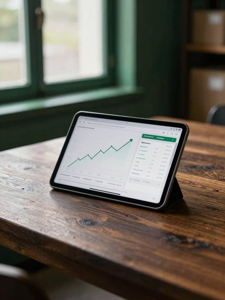 Crisp digital tablet showing upward e-commerce trend lines and inventory metrics on a dark wood table, natural side light