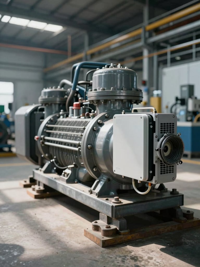 Wide environmental shot of a heavy industrial compressor unit at rest on a production floor, a compact IoT sensor module clamped to the pipe flange in sharp foreground focus, facility depth blurred behind, cool tungsten overhead lighting casting hard shadows on the metal surface, no people present