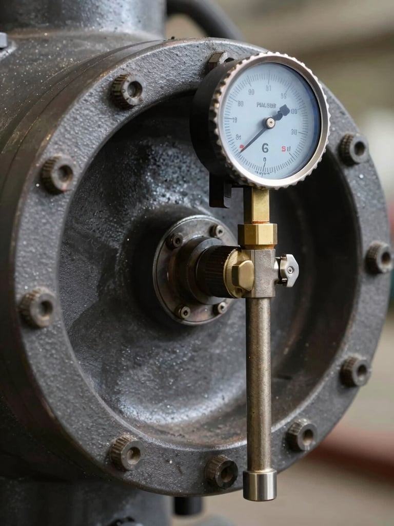 Extreme close-up of a pressure vessel inspection port with a calibrated torque gauge attached, industrial tungsten lighting casting hard shadows across bolted flanges, charcoal metal surface, no people