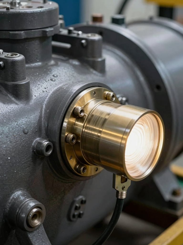Extreme close-up of a vibration analysis sensor clamped onto a large industrial compressor housing, tungsten industrial lighting, the sensor cable snaking toward the lower frame edge, dark steel surface with machined ridges in tight focus, no human presence