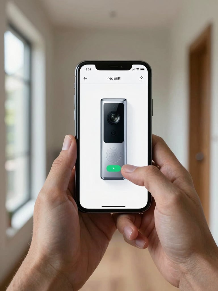 Hands holding a smartphone showing a smart doorbell app mid-setup screen, device pairing step visible on screen, natural window light from the left, close-up framing, real home hallway softly visible behind