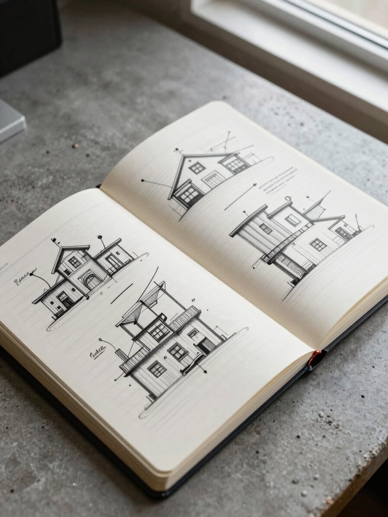 Close overhead shot of an open engineering notebook on a concrete desk, dense architecture diagrams in black ink, a few lines crossed out and rewritten, flat north-facing window light casting no shadows