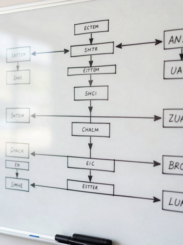 Close-up overhead of a whiteboard covered in system architecture diagrams and data-flow annotations, dry-erase markers resting at the bottom edge, flat north-facing daylight, no shadows, high contrast lines on white surface