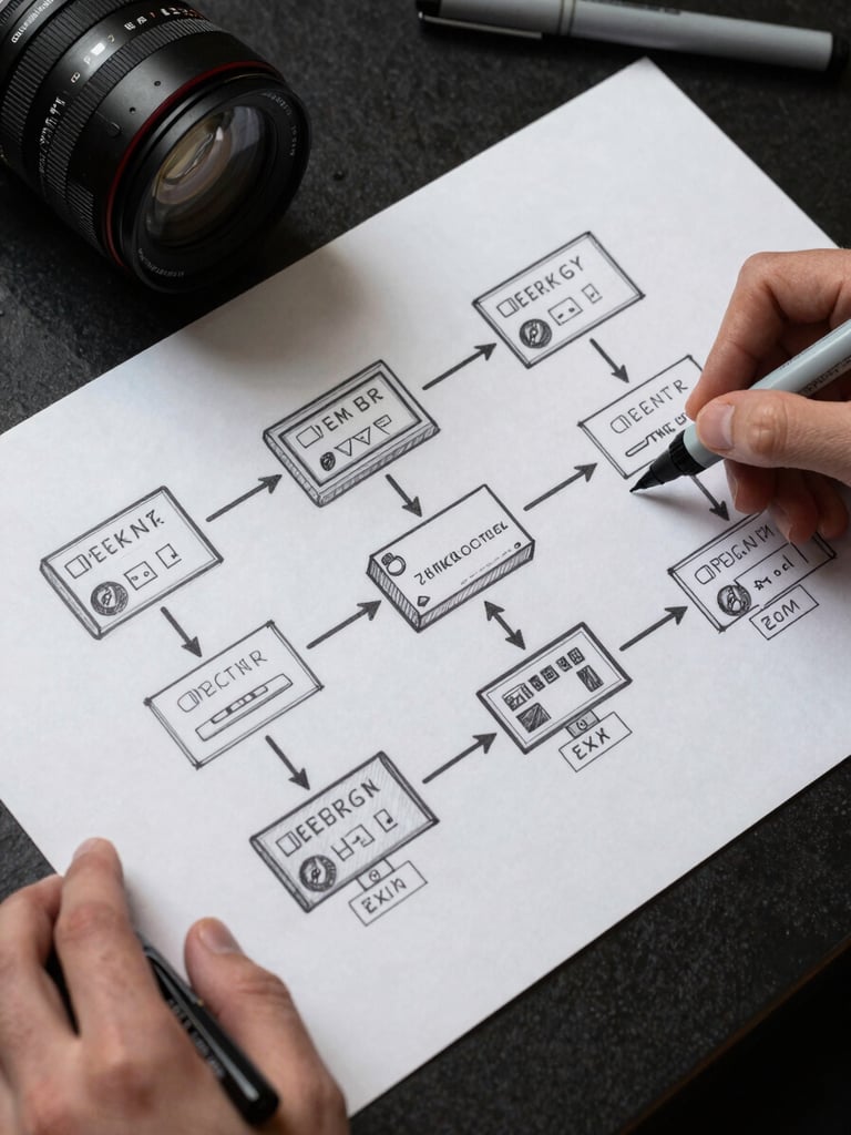 Close overhead shot of a large architecture diagram sketched in marker on white paper, data flow arrows and labeled system components visible, flat north-facing studio light, no shadows, hands partially visible at edges holding markers