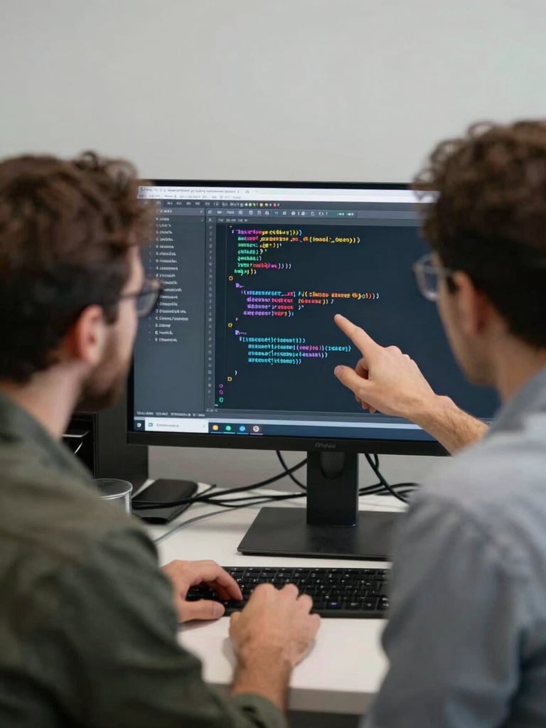 Two engineers in genuine code review, leaning toward a monitor showing terminal output and log traces, one pointing at a specific line, flat studio light from the left, workspace clutter visible in background, honest documentary framing