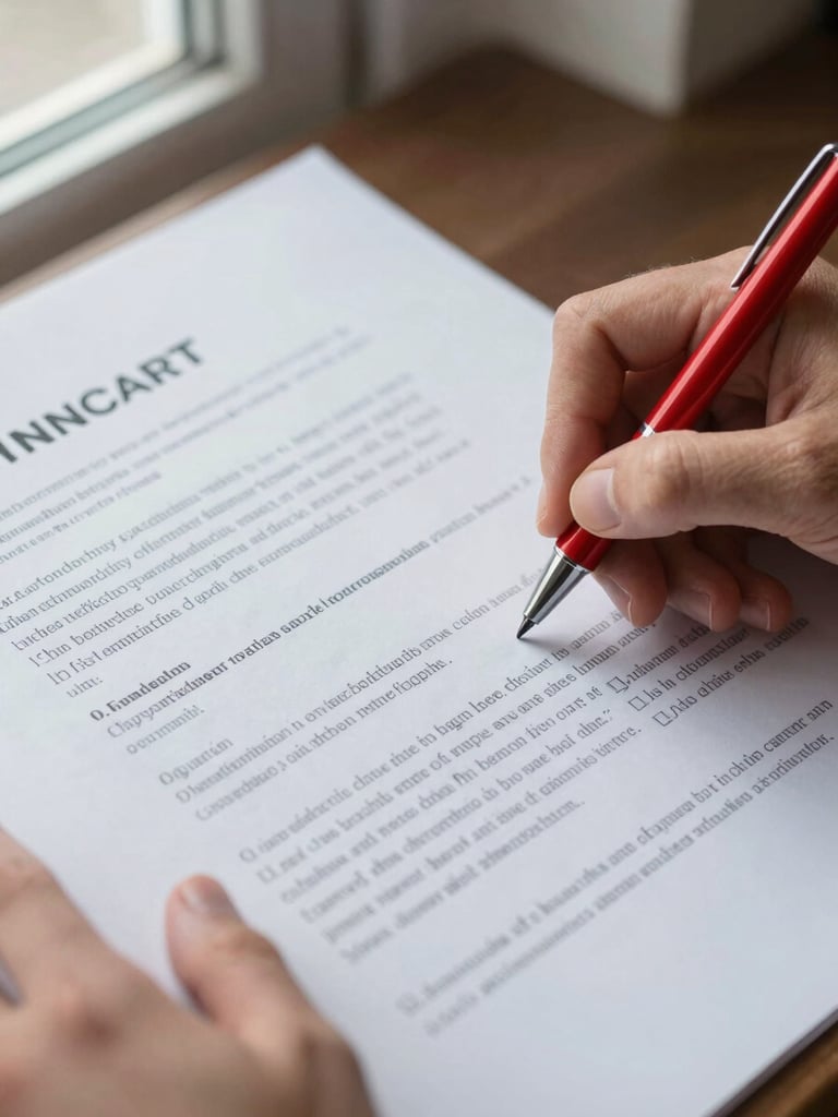 Close-up of hands annotating a printed contract page with a red pen, dense margin notes visible, flat daylight from a window to the left, paper texture sharp in focus