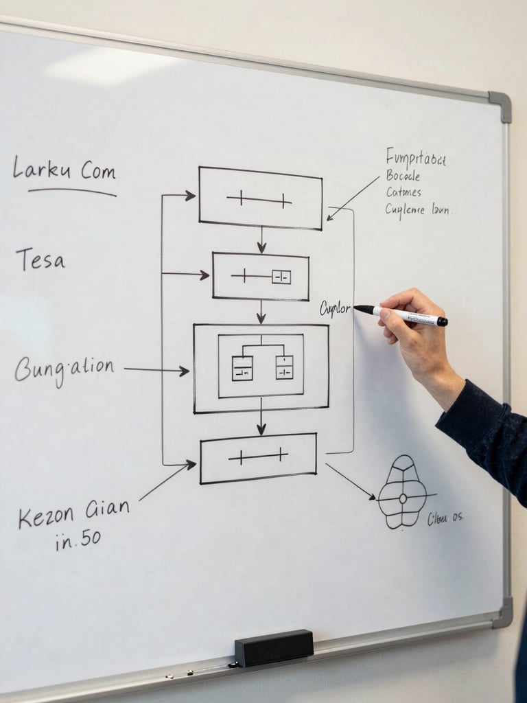 Close overhead view of a large whiteboard covered in system architecture diagrams and handwritten annotations, marker in hand mid-sketch, flat north-facing daylight, no shadows, crisp documentary framing