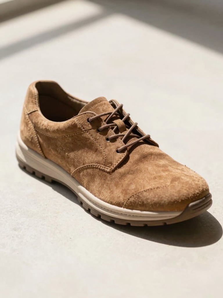 A comfortable, stylish walking shoe on a clean, light surface, bright natural daylight, shallow depth of field, warm earth tones, highlighting material texture, crisp commercial photography.