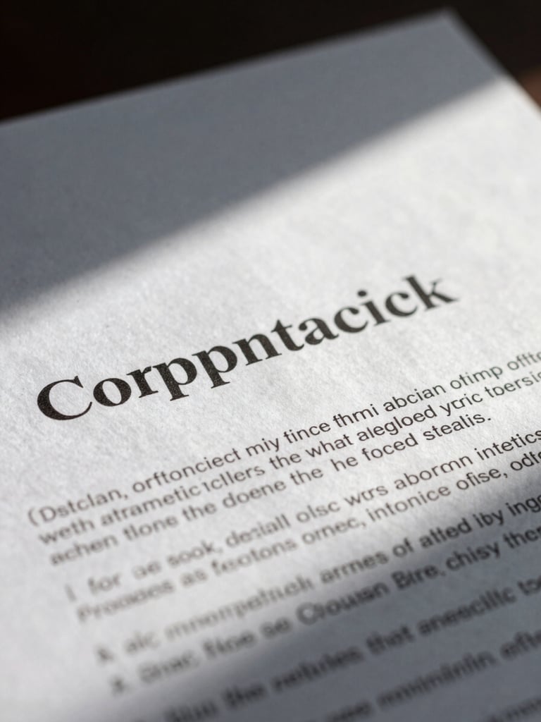 Extreme macro detail of a physical corporate contract document, sharp focus on architectural shadows across the paper, cool daylight.