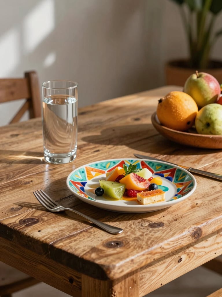 Platillo fresco y colorido servido sobre una mesa de madera rústica, luz natural de Mérida iluminando un vaso de agua fresca y frutas locales al fondo.