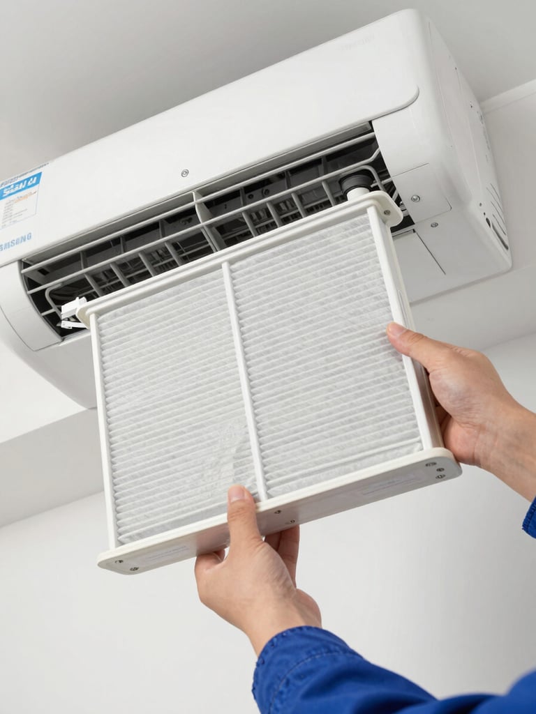 Close-up of a technician sliding a clean, brand new air filter into a modern Samsung indoor AC unit, high-visibility white lighting, clean hands