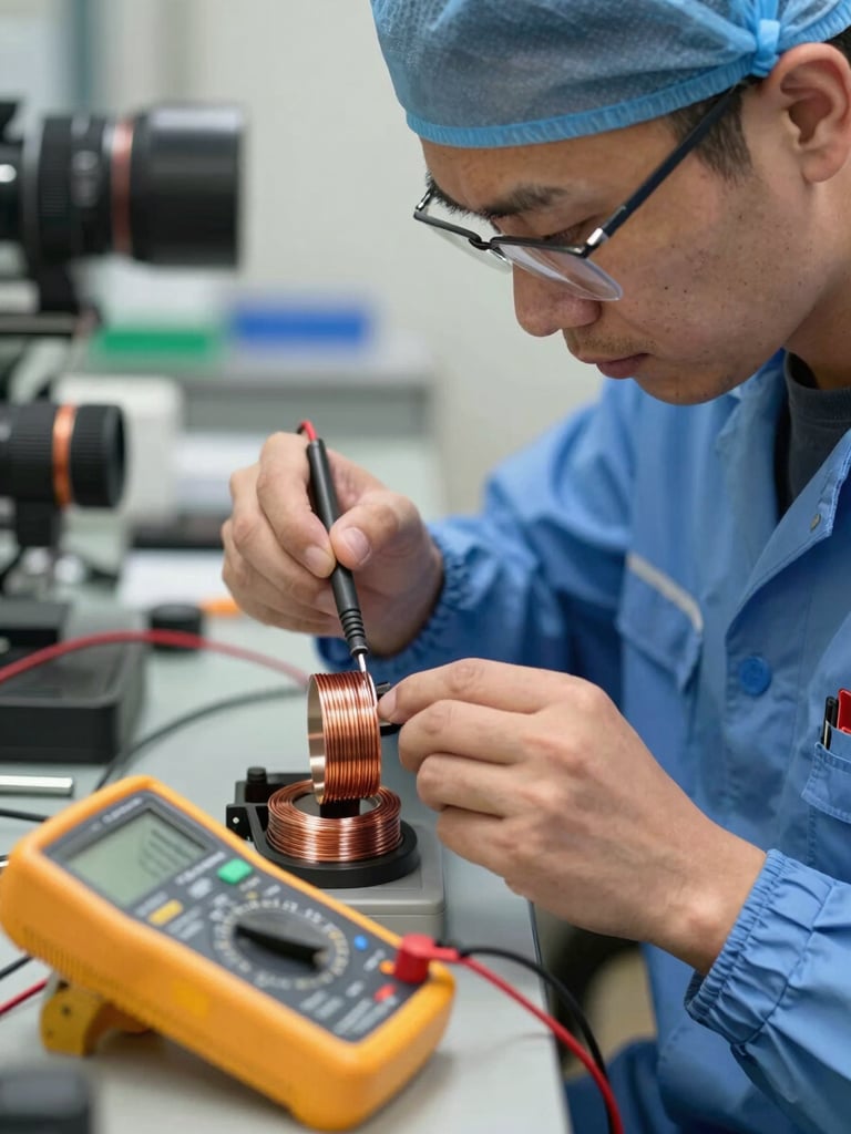 Close-up of a professional technician in a clean uniform testing copper coils with a digital multimeter, high-visibility daylight