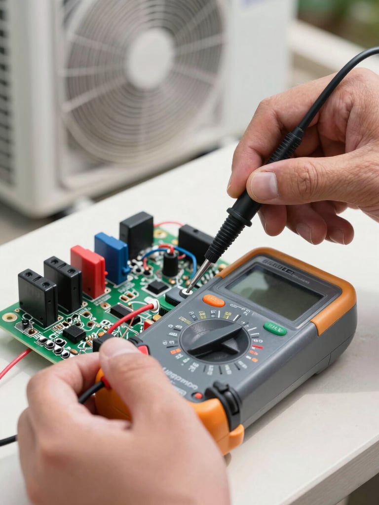 Macro close-up of a technician's hand using a digital multimeter to test electrical currents on a Unionaire AC outdoor unit circuit board, bright technical daylight, high visibility.