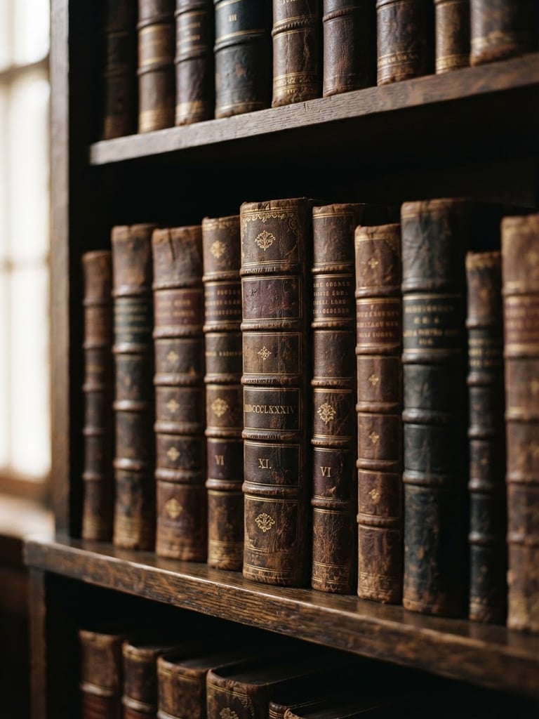Macro close-up of leather-bound legal volumes on a dark wooden shelf, warm natural window light, soft shadows, shallow depth of field, 35mm